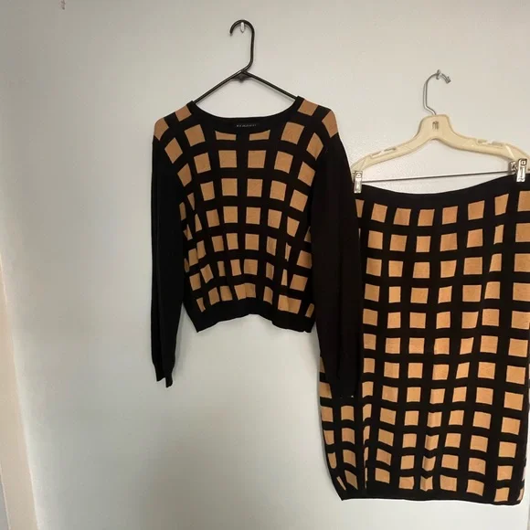 Eloquii Black and Tan Checkered Sweater Skirt Set - Picture 1 of 5